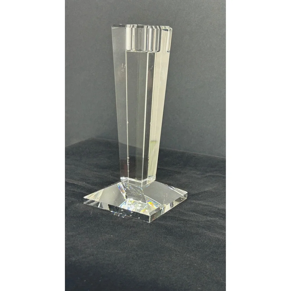 Oleg Cassini Crystal Candlestick Holder Signed Tapered Geometric Clear Glass 6in